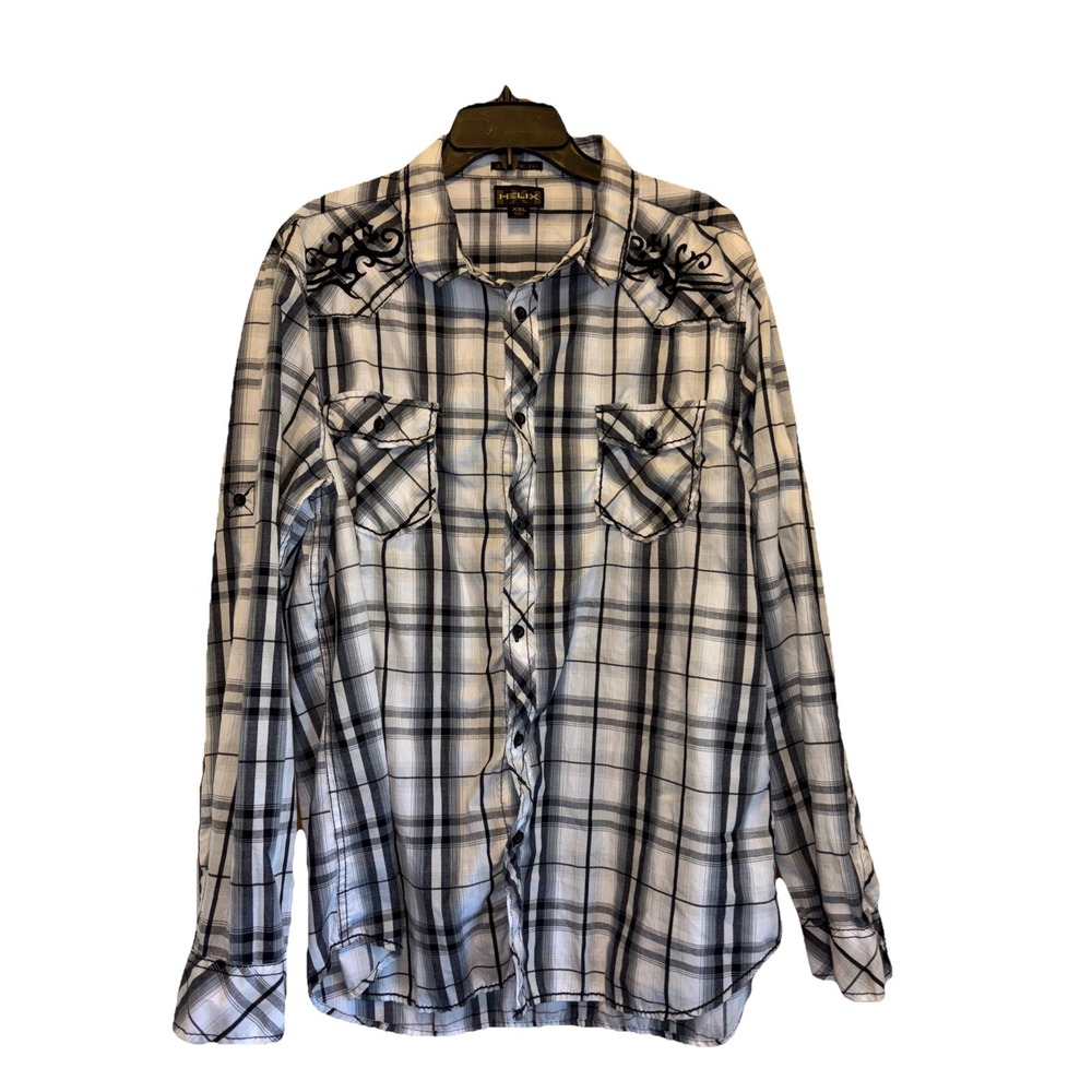 Helix Mens XXL Button Up Shirt Athletic‎ Fit Long Sleeve Tribal Embroidery Plaid